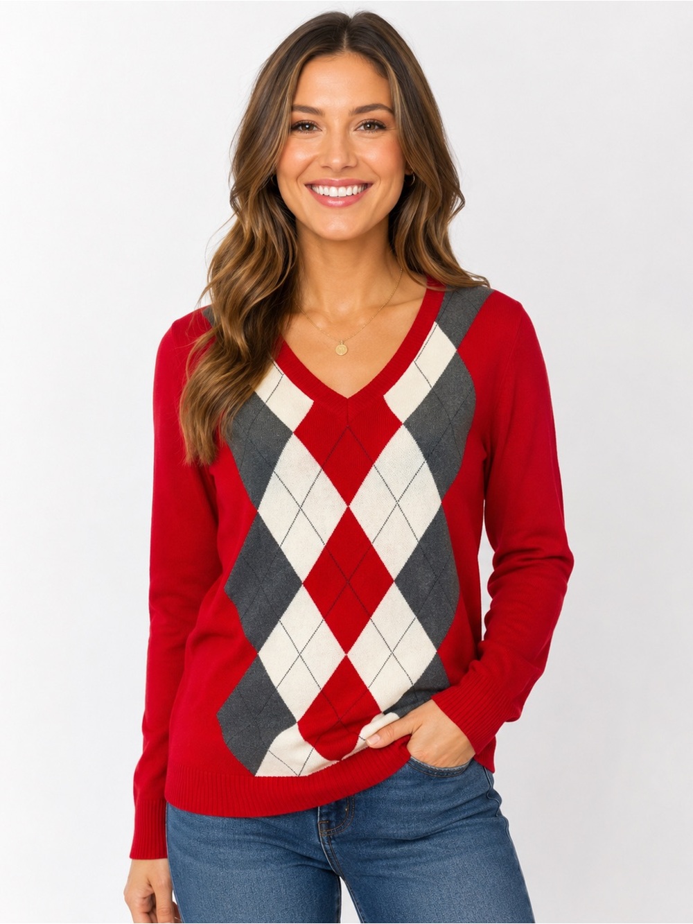 IZOD Red Argyle V-Neck Sweater Women’s Large Preppy Classic Knit